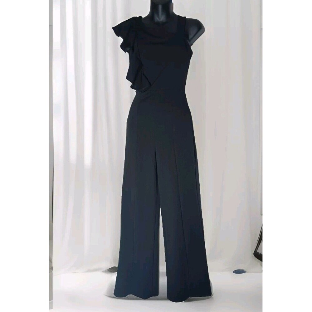Maru Woman's Party  Bow Rufle Shoulder Jumpsuit One Piece Wide Leg Black Sz S